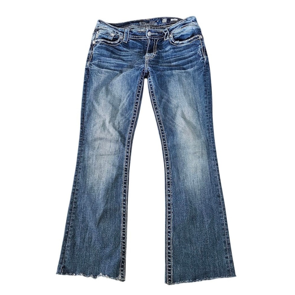 Miss Me Bootcut Jeans Size 31 Medium Wash Embellished Raw Hem Y2K Denim